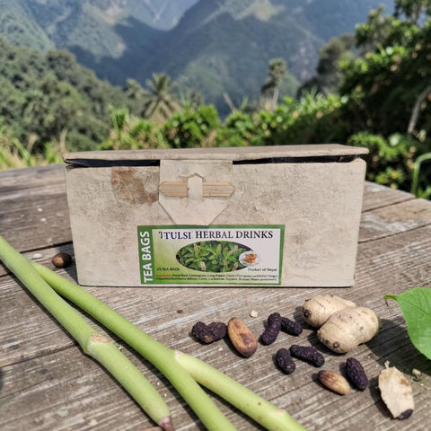 Tulsi Herbaltee / Heiliges Basilikum mit Wellnesskräutern - 25 Beutel / Loktapapier-Box