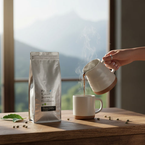 House of Nepal Mt. Everest Supreme Coffee bag next to a mug being filled with steaming coffee.