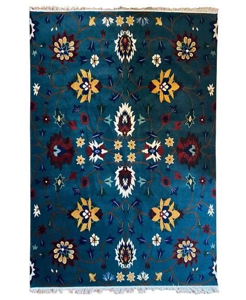 House of Nepal Nepalesischer Himalaya-Blüten Teppich 175 x 285 cm, petrolgrün mit Blumenmuster in Rot, Gelb, Blau und Weiß, 100% tibetische Schafwolle, handgeknüpft