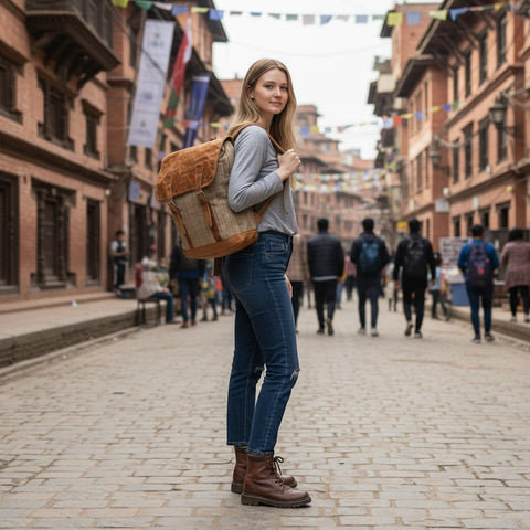 House of Nepal Rucksack aus Brennnessel und Leder mit Fronttasche und Magnetverschluss, ideal für Büro und Freizeit.