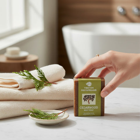 House of Nepal Tibetan Hotsprings Cedarwood Body Soap, a hand holding the bar with green packaging and a tree illustration.