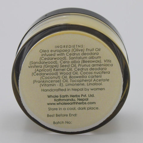 House of Nepal Cedarwood & Frankincense Body Balm for dry, cracked skin. Rich in olive oil, beeswax, apricot kernel oil, and vitamin E.