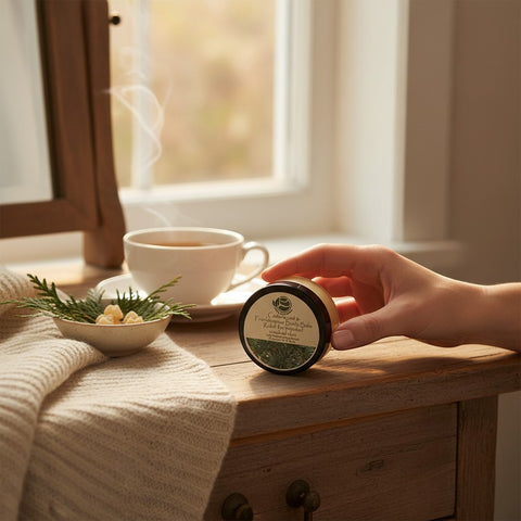 House of Nepal Cedarwood & Frankincense Body Balm in a jar, held by a hand, with a cup of tea and greenery in the background.