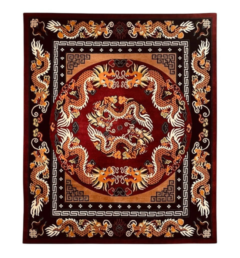 House of Nepal Nepalesischer Drachenteppich 150x200 cm, handgeknüpft aus tibetischer Schafwolle, mit Drachenmotiv in Rot und Orange.