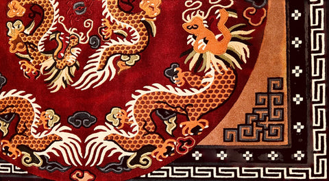 House of Nepal Nepalesischer Drachenteppich 150x200cm, handgeknüpft aus tibetischer Schafwolle in Rot, Orange und Gold.