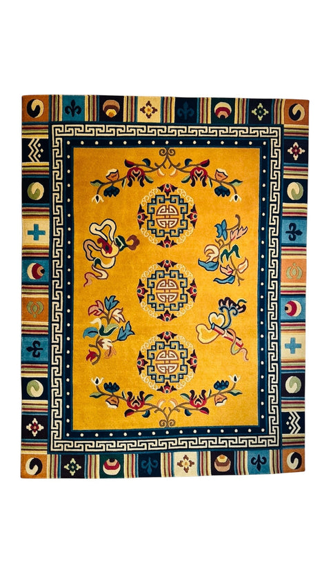 House of Nepal handgeknüpfter Teppich aus tibetischer Wolle in Sonnengelb mit Medaillons und floralen Akzenten