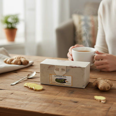 House of Nepal ginger tea in a handmade lokta paper box with 25 tea bags, served with fresh ginger slices and a cup of hot tea.