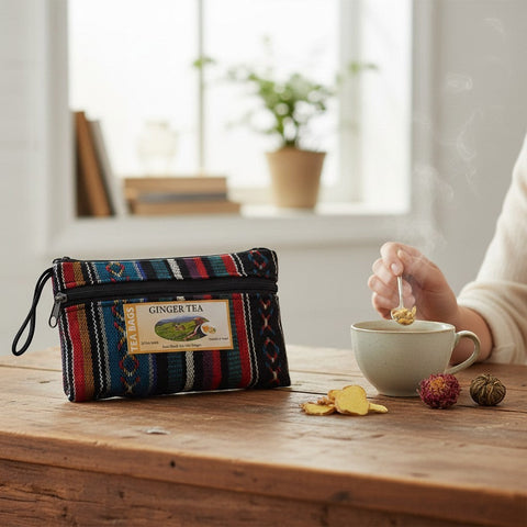 House of Nepal ginger tea in a colourful woven pouch with 25 tea bags, served hot.