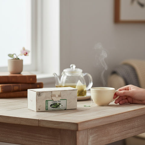 House of Nepal green tea in Lokta paper box with 25 tea bags, served with a steaming cup and teapot.
