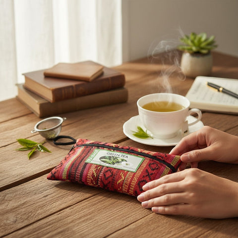 House of Nepal green tea in a reusable woven pouch with red, yellow, and black patterns. Steaming cup of green tea on a saucer.
