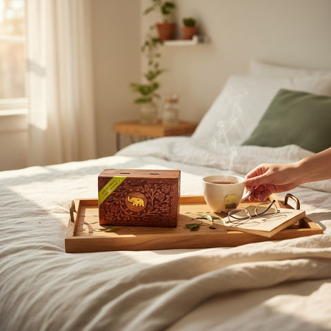 House of Nepal wooden box with 25 green tea bags, a steaming cup of tea, and glasses on a tray on a bed.