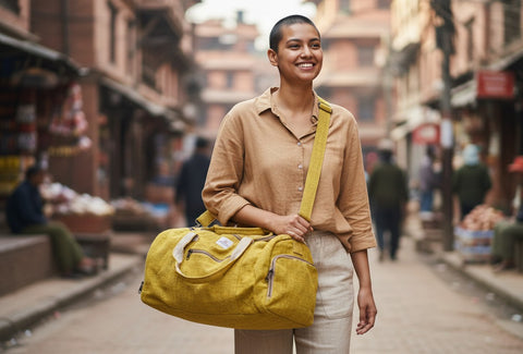 House of Nepal geräumige Senf-gelbe Hanf-Handtasche mit Baumwollfutter und Reissverschlussfächern