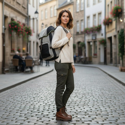 House of Nepal Kalapathar Rucksack aus Hanf und Baumwolle, beige/blau, mit vielen Fächern und hochwertigem Reissverschluss.