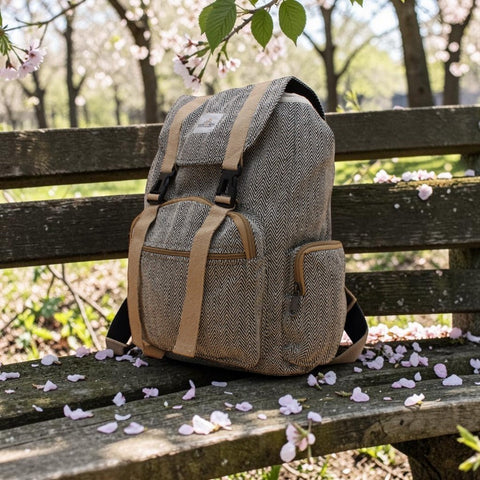 House of Nepal Rucksack aus Hanf und Baumwolle in Beige/Grau mit Fischgrätenmuster, Laptopfach und Seitentaschen.