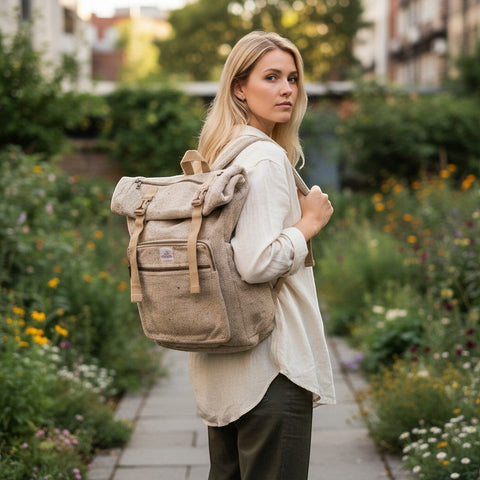 House of Nepal Rucksack aus Hanf und Baumwolle in Grau/Beige, handgefertigt in Nepal, mit Laptopfach und Seitentaschen.