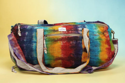 House of Nepal bunte Hanf-Sporttasche mit Baumwollfutter, geräumig mit extra Schuhfach, handgefertigt in Nepal.