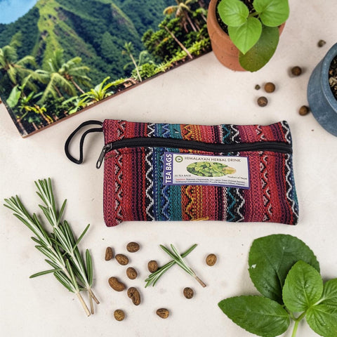 House of Nepal Himalayan Herbal Wellness Tea 25 tea bags in a colourful woven pouch with zip closure and hanging loop.