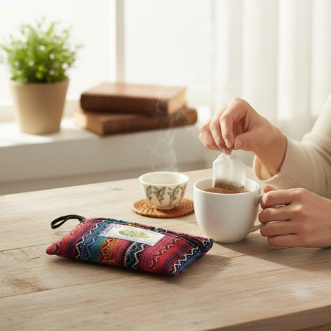 House of Nepal herbal wellness tea bag being steeped in a white mug, with a colorful woven pouch on the table.