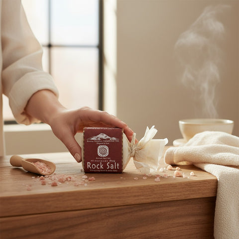 House of Nepal handgefertigte Himalaya Rock Salt Seife mit rosa Steinsalz, Kurkuma und Honig für revitalisierende Pflege.