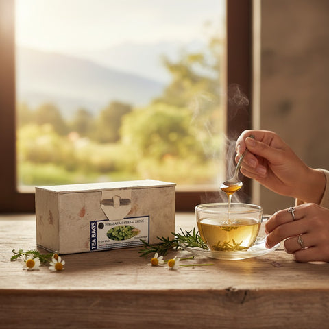 House of Nepal Himalayan Herbal Tea in Loktapapier box with 25 bags, served hot with honey.