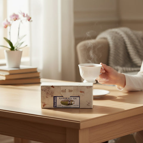 House of Nepal Ilam Black Tea 25 tea bags in a handmade lokta paper box, with a steaming cup of tea in the background.