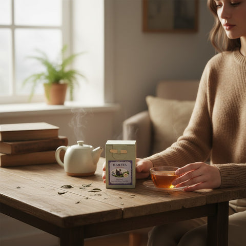 House of Nepal Ilam black tea in a decorative Lokta paper box, served with a cup of tea and teapot on a wooden table.