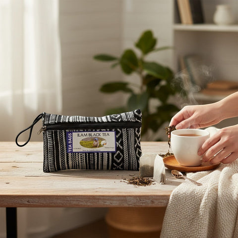 House of Nepal Ilam Black Tea in a black and white patterned reusable pouch with 25 tea bags. Steaming cup of tea.