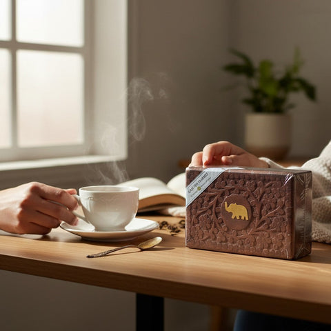 House of Nepal Ilam black tea in a decorative wooden box with an elephant motif, 25 tea bags. Steaming cup of tea on a saucer.