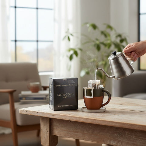 House of Nepal Jalpa Gold drip coffee bags, micro-ground Arabica coffee for intense flavor, 10 bags.