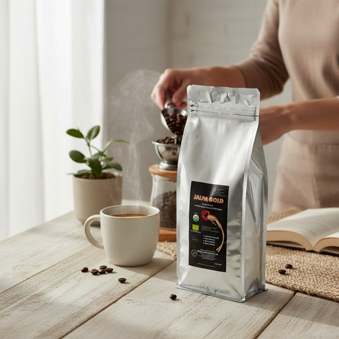 House of Nepal Jalpa Gold 1kg bag of certified organic Arabica coffee beans, medium-dark roasted with notes of chocolate, caramel, and nuts.