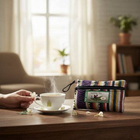 House of Nepal Jasmintee: 25 tea bags of green tea with jasmine flowers in a colourful woven pouch, served in a white cup with steam.
