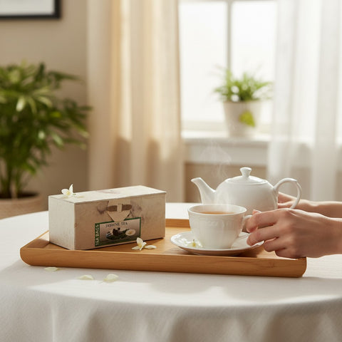 House of Nepal Jasmintee in a handmade loktapapier box with 25 tea bags. Green tea with jasmine flowers.