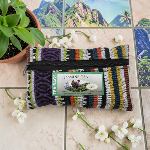 House of Nepal woven pouch with colourful stripes containing 25 bags of Jasmine Green Tea.