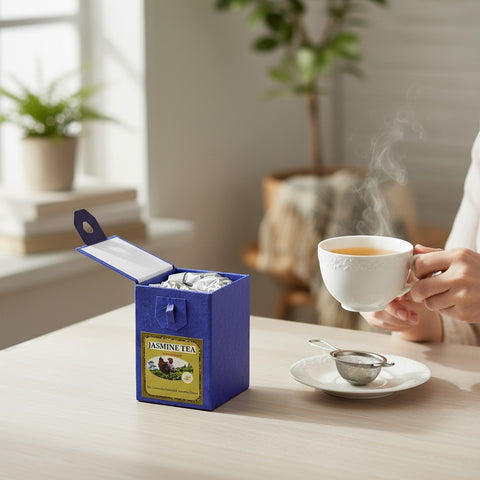 House of Nepal blue Lokta paper box of 50g Jasmintee with green tea and jasmine flowers, served with a cup of steaming tea.