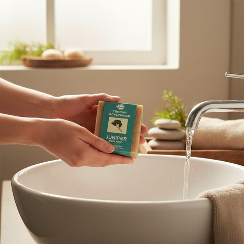 House of Nepal Tibetan Hotsprings Juniper Body Soap, a natural bar soap with a juniper illustration on the label, held over a sink.