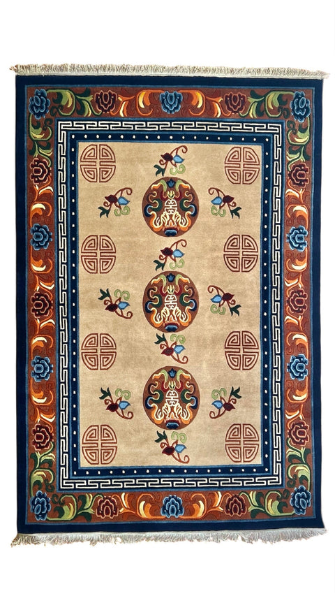 House of Nepal Karnali Teppich 140x200 cm, beige mit Ornamentmuster, tibetischer Schafwolle, handgeknüpft