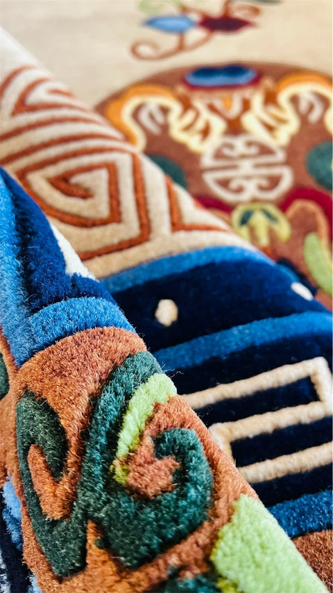 House of Nepal Karnali Teppich 200x250 cm, handgeknüpft aus tibetischer Wolle mit Medaillon-Muster in Beige, Blau, Rot, Grün
