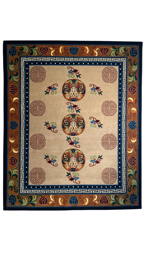 House of Nepal Karnali Teppich 200x250 cm, handgeknüpft aus tibetischer Wolle mit Medaillon-Muster in Beige, Blau, Rot, Grün.