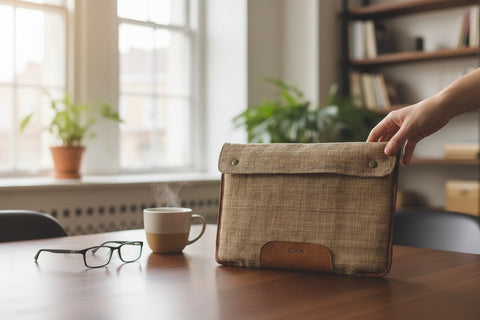 House of Nepal Kolpa 15-inch laptop sleeve made from nettle fiber and leather, with snap closure.