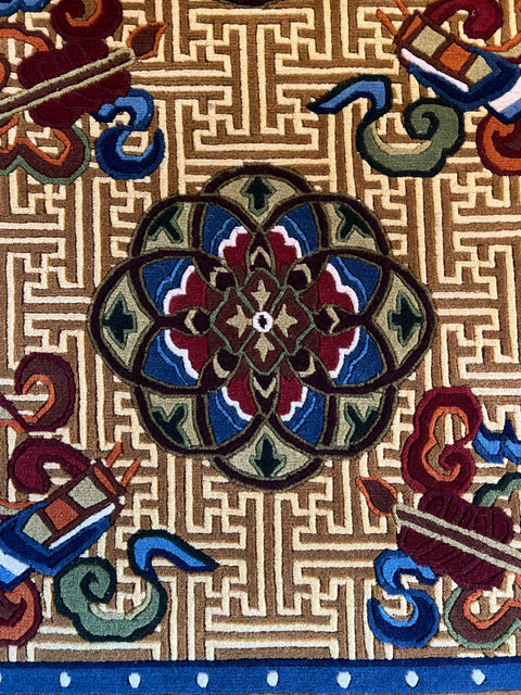 House of Nepal Läufer 90x190 cm, handgeknüpft aus tibetischer Schafwolle, mit Blumenmuster in Blau, Goldgelb, Rot und Grün.