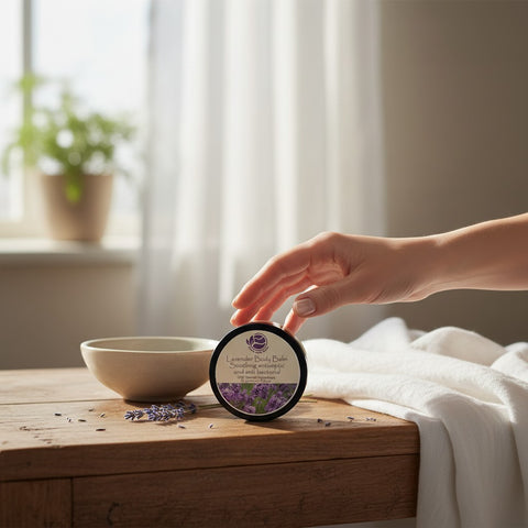 House of Nepal Lavender Body Balm in a dark jar with a label showing lavender flowers. Hand reaching for the balm.