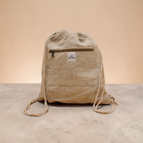 House of Nepal Leinensack aus Hanf und Baumwolle mit Kordelzug, Reißverschlusstasche und aufgesetzter Tasche