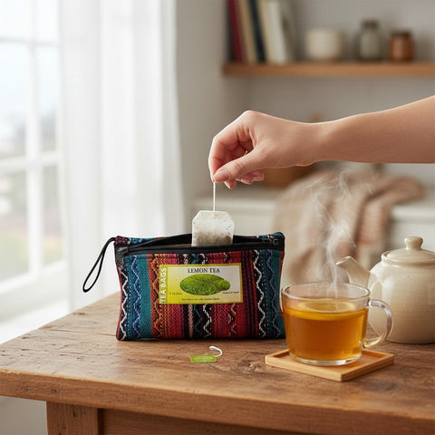 House of Nepal lemon black tea in a colourful woven pouch with 25 tea bags, served in a glass mug with steam.
