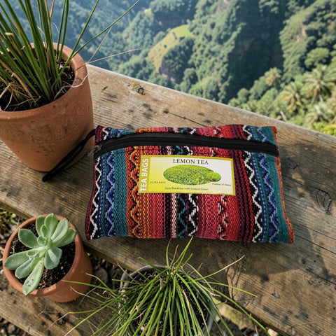 House of Nepal lemon tea in a colourful woven pouch with 25 tea bags inside. Features Ilam black tea with lemon grass.