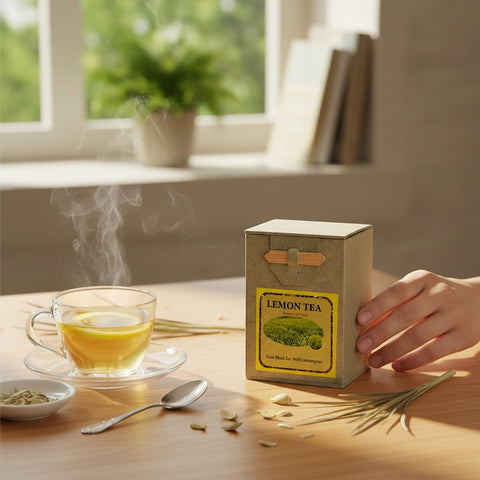 House of Nepal lemon black tea with lemongrass in a Lokta paper box, served hot in a glass cup with a lemon slice.