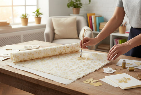 House of Nepal Lokta-Geschenkpapier mit goldenen Blumenmustern, handgefertigt aus Naturfasern.