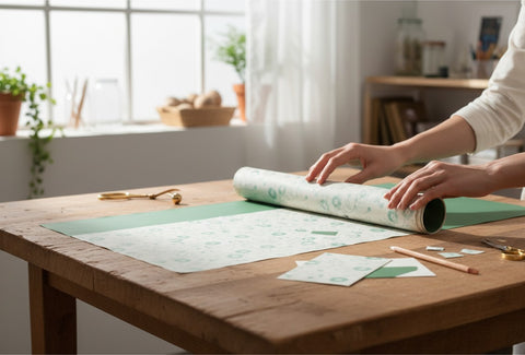 House of Nepal Lokta-Geschenkpapier mit zartem, grünem Blumenmuster auf cremefarbenem, handgefertigtem Papier.