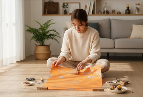 House of Nepal Lokta-Geschenkpapier in Orange mit Pfauenfeder-Design, 75x49 cm