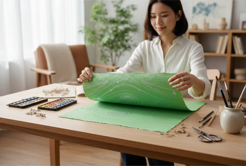 House of Nepal Lokta-Geschenkpapier in Grün mit Pfauenfeder-Muster und silbernen Akzenten, 75x49 cm