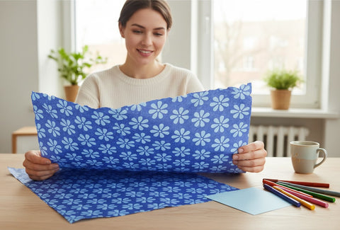 House of Nepal Lokta-Geschenkpapier mit blauem Blumenmuster, handgefertigt aus Naturfasern.